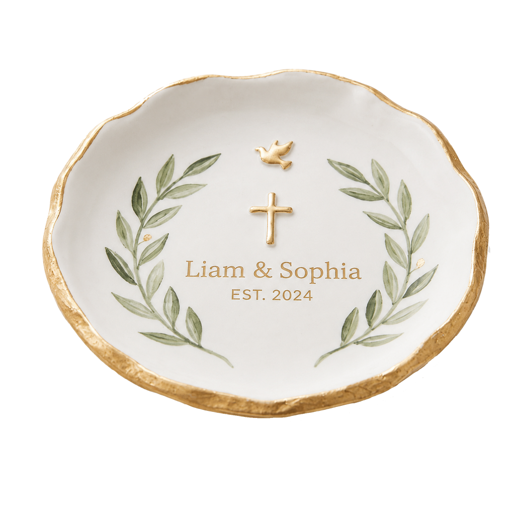 Personalized Wedding Ring Dish | Scalloped Ceramic Jewelry Tray with Gold Rim | Bride & Groom Engagement Gift
