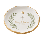 Personalized Wedding Ring Dish | Scalloped Ceramic Jewelry Tray with Gold Rim | Bride & Groom Engagement Gift