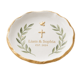 Personalized Wedding Ring Dish - Scalloped Gold Rim Jewelry Tray for Bride & Groom