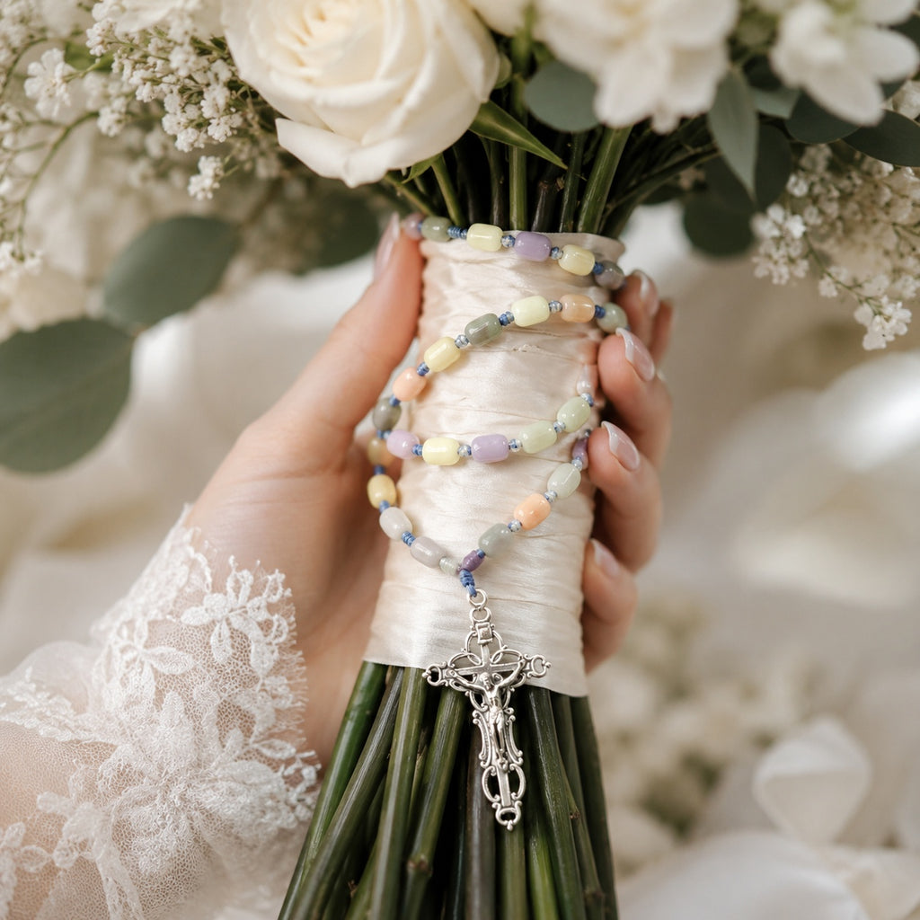 Pastel Bridal Bouquet Rosary, Catholic Wedding Rosary, Bride Gift, Wedding Prayer Beads, Silver Crucifix