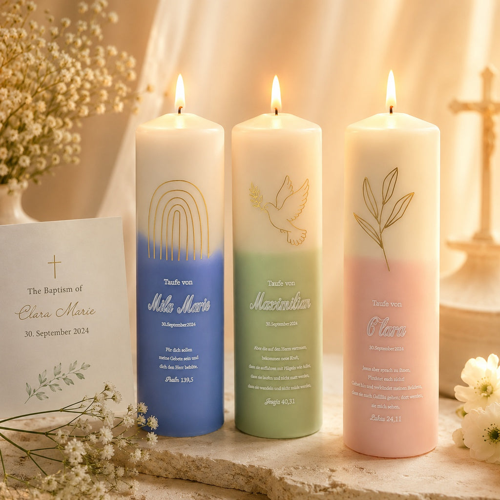 Personalized baptism candle with soft blue, sage green, and pink colors, gold Christian symbols, custom name, baptism date, and Bible verse