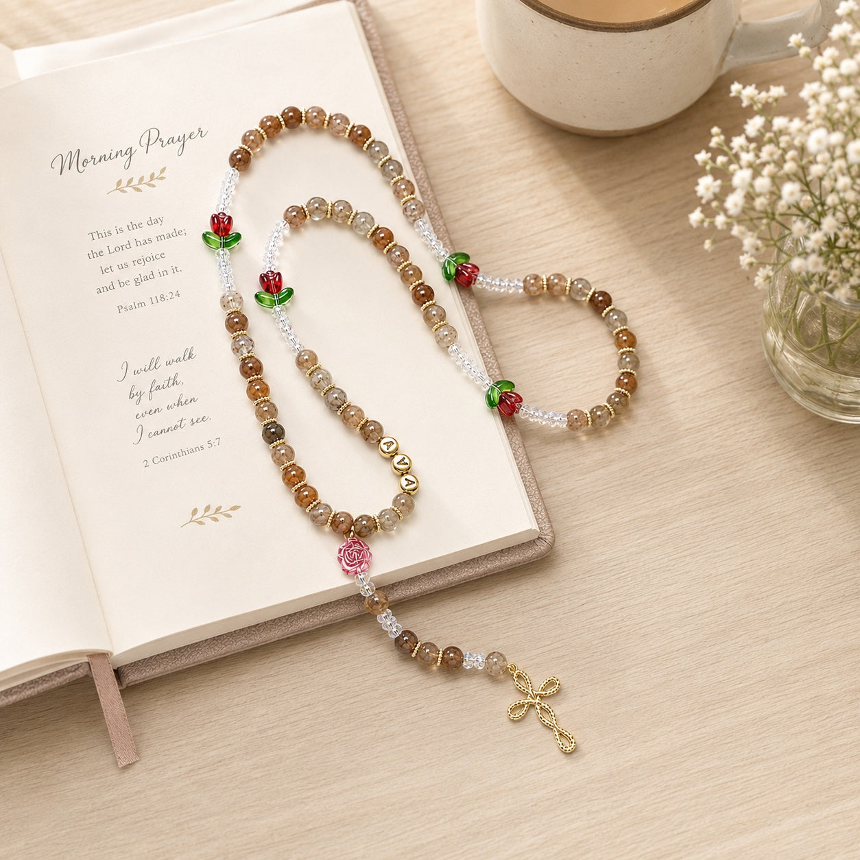 Natural Stone Catholic Rosary for Women, Handmade Flower Rosary Beads, Personalized Prayer Beads, Christian Faith Gift for Her