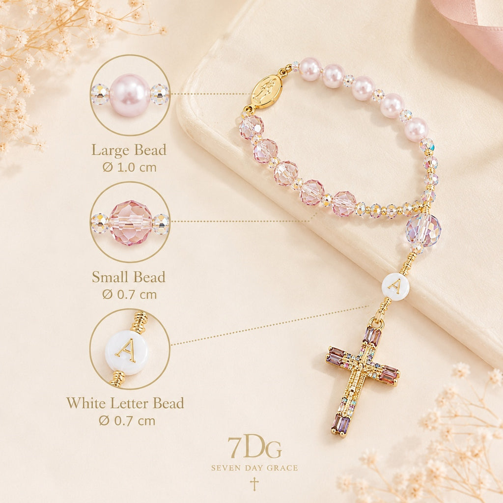 Pink Crystal Catholic Car Rosary, Steering Wheel Rosary, Personalized Initial Car Charm, Gold Crucifix, Driver Gift