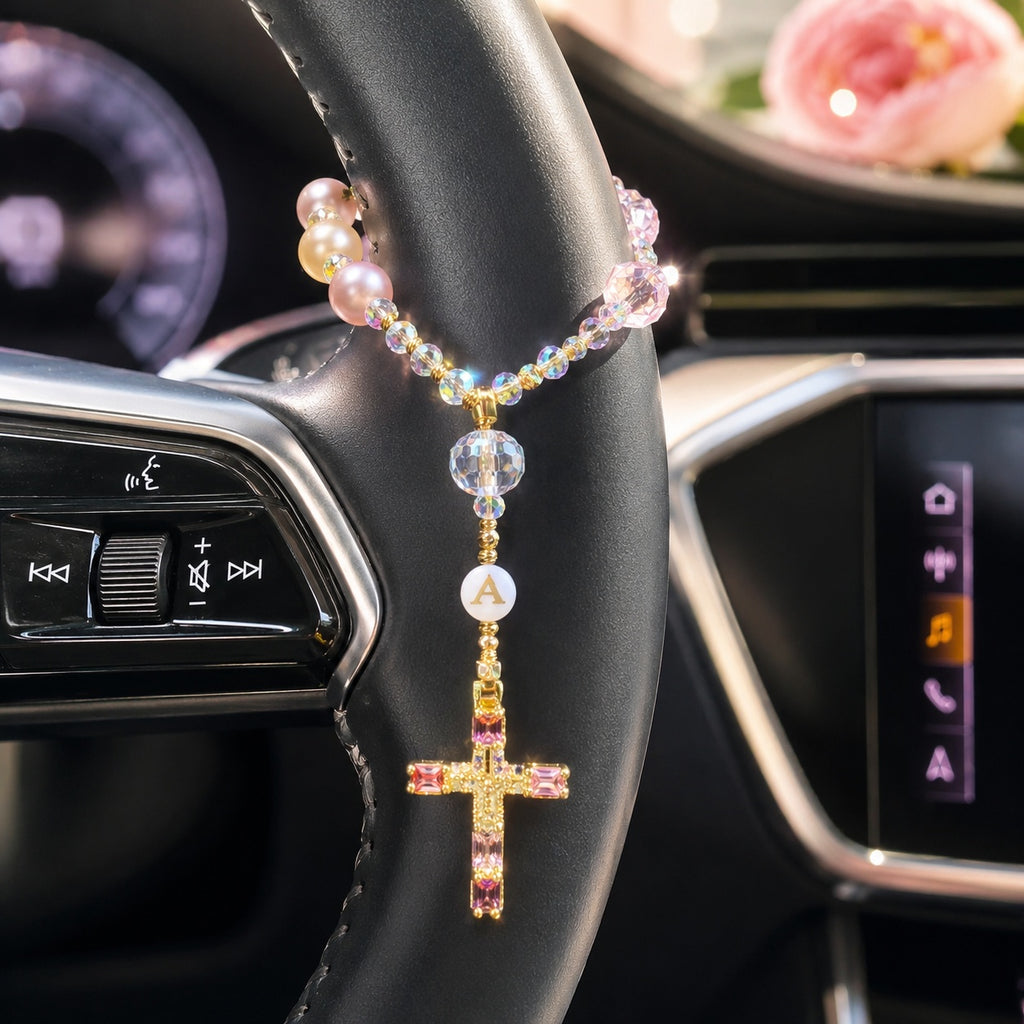 Pink Crystal Catholic Car Rosary, Steering Wheel Rosary, Personalized Initial Car Charm, Gold Crucifix, Driver Gift