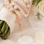 Wedding Rosary Beads for Bride, Pink Pearl Catholic Prayer Beads with Gold Crucifix, Bridal Bouquet Rosary Wedding Gift