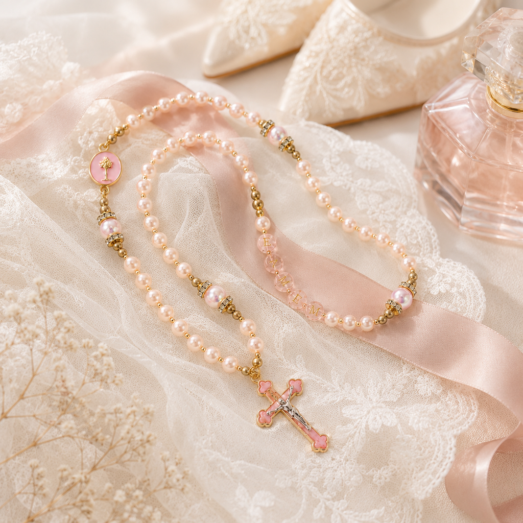 Wedding Rosary Beads for Bride, Pink Pearl Catholic Prayer Beads with Gold Crucifix, Bridal Bouquet Rosary Wedding Gift