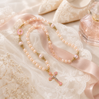 Wedding Rosary Beads for Bride, Pink Pearl Catholic Prayer Beads with Gold Crucifix, Bridal Bouquet Rosary Wedding Gift