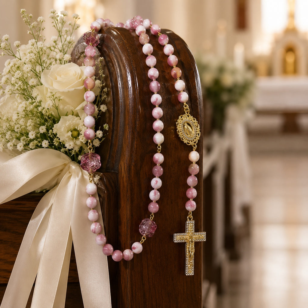 Pink Bridal Rosary, Catholic Wedding Rosary, Bride Gift, Virgin Mary Rosary, Bridal Bouquet Prayer Beads