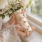 Pink Catholic rosary with gold-tone crucifix and Marian medal displayed on a church pew with white ribbon and wedding flowers