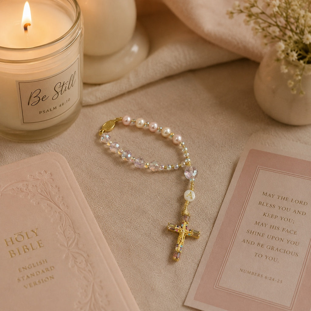 Pink Crystal Catholic Car Rosary, Steering Wheel Rosary, Personalized Initial Car Charm, Gold Crucifix, Driver Gift