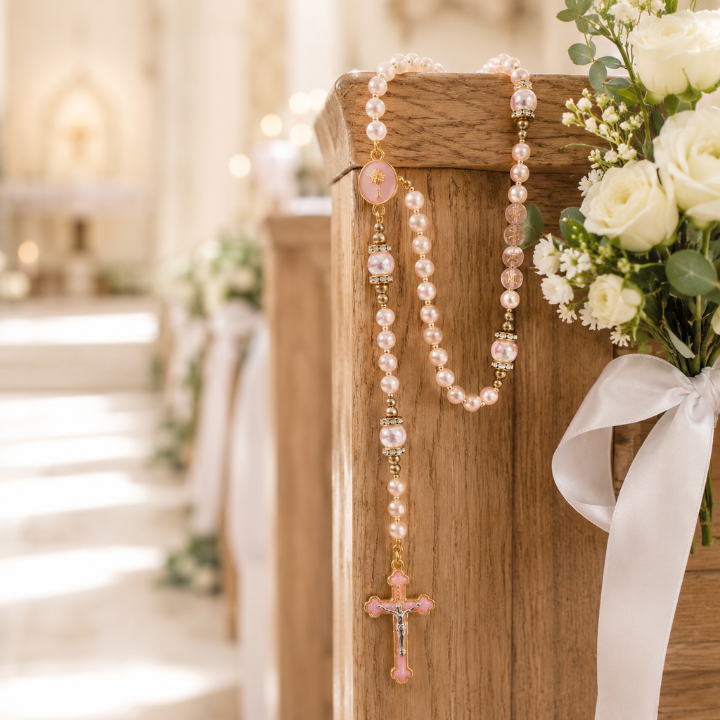 Personalized bridal rosary wrapped around a wedding bouquet with pink pearls, gold accents, and a romantic Catholic keepsake design