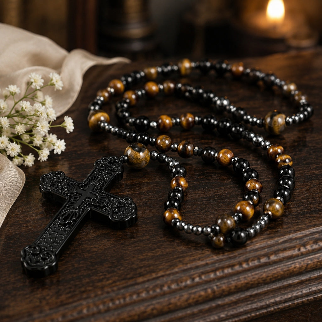 Handcrafted men's rosary with black beads, tiger eye gemstones, silver accents, and crucifix pendant, designed as a Catholic wedding keepsake gift for the groom.