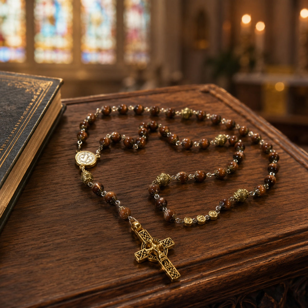 Catholic gift for him featuring a masculine brown rosary with natural stone-style beads, gold religious details, and a traditional crucifix.