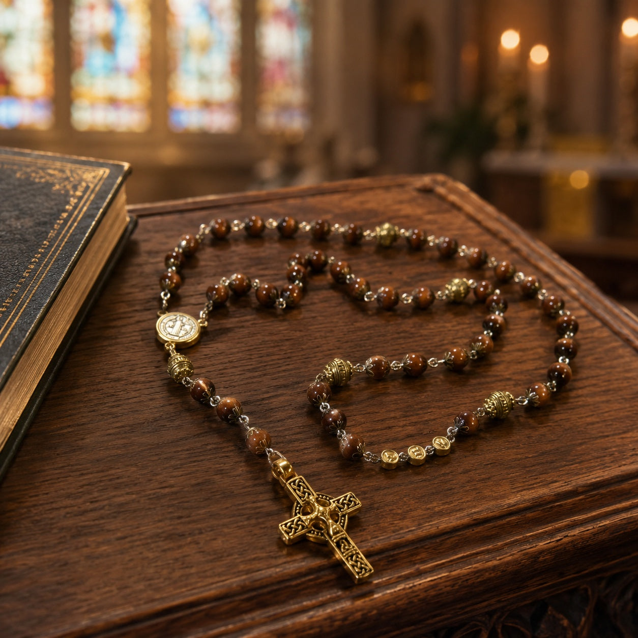 Catholic gift for him featuring a masculine brown rosary with natural stone-style beads, gold religious details, and a traditional crucifix.