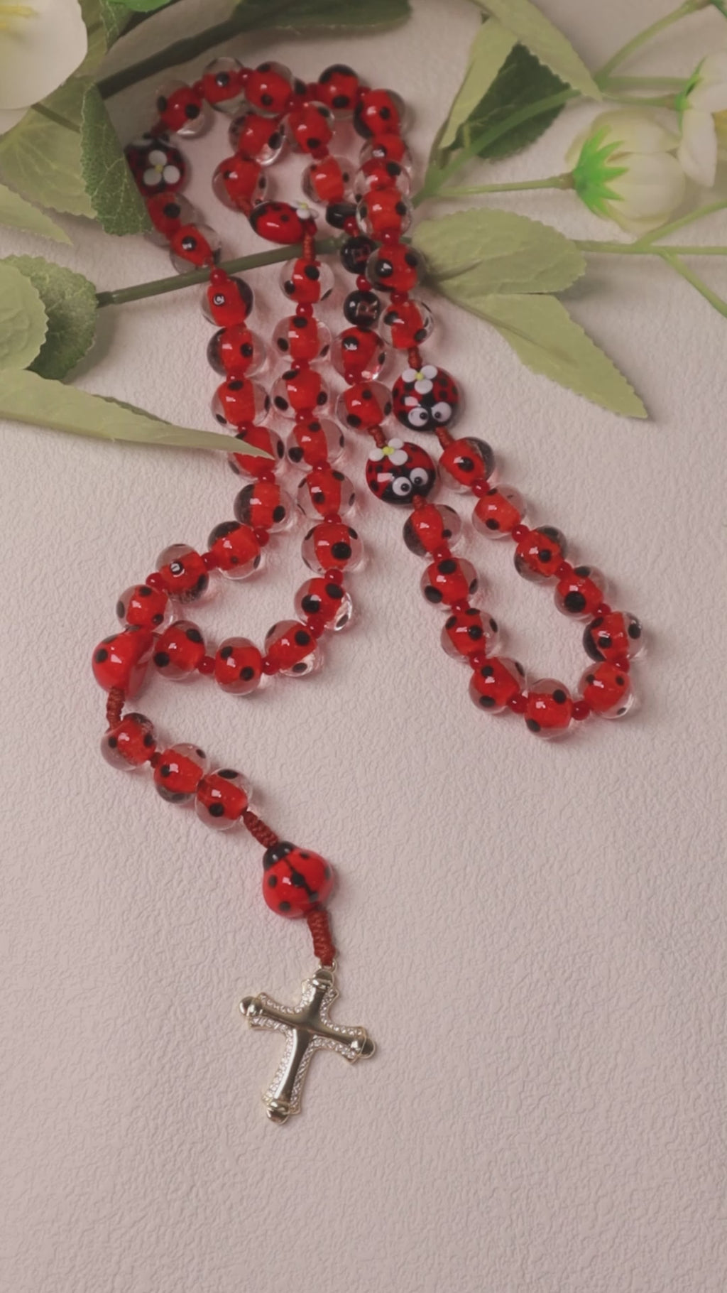Natural Stone Ladybug Rosary, Catholic Prayer Beads, Handmade Rosary for Women Girls, Personalized First Communion Baptism Gift