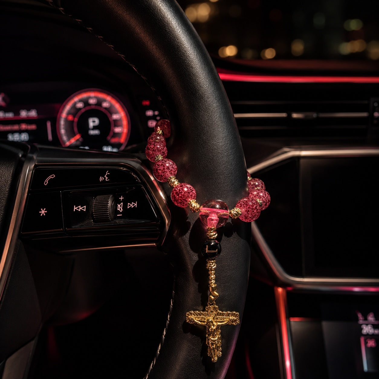 Red Catholic Car Rosary, Steering Wheel Rosary, Personalized Initial Car Charm, Gold Crucifix, Driver Gift