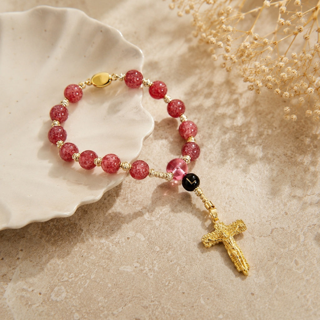 Red Catholic Car Rosary, Steering Wheel Rosary, Personalized Initial Car Charm, Gold Crucifix, Driver Gift