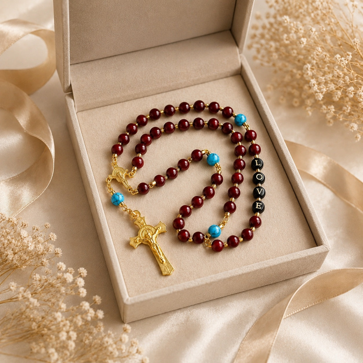 Red Catholic Rosary Beads with Gold Crucifix, Handmade Prayer Beads with Turquoise Accent, Confirmation Baptism Gift for Her