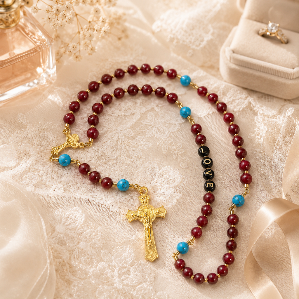 Red Wedding Rosary Beads for Bride, Catholic Bridal Bouquet Prayer Beads with Gold Crucifix, Love Rosary Wedding Gift
