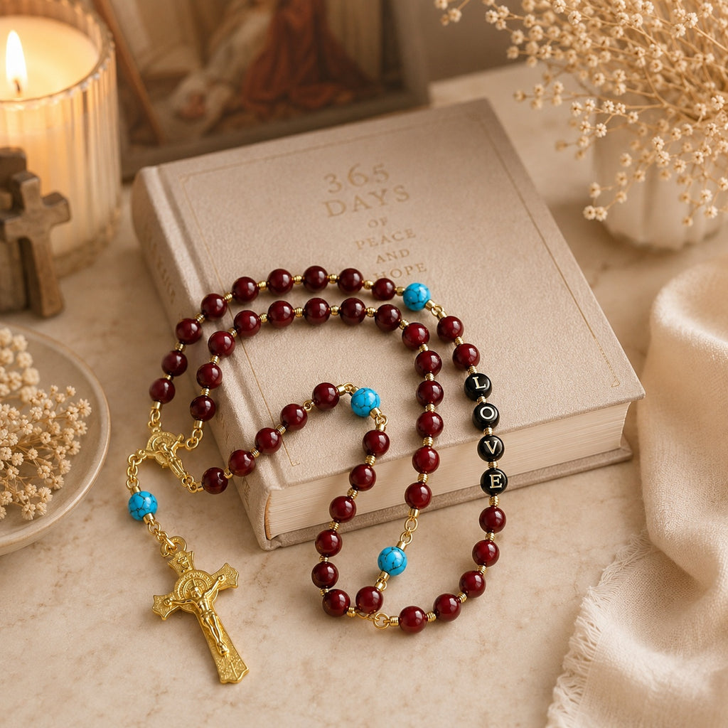 Elegant red rosary gift featuring a gold crucifix, turquoise beads, and devotional LOVE detail for baptism or confirmation