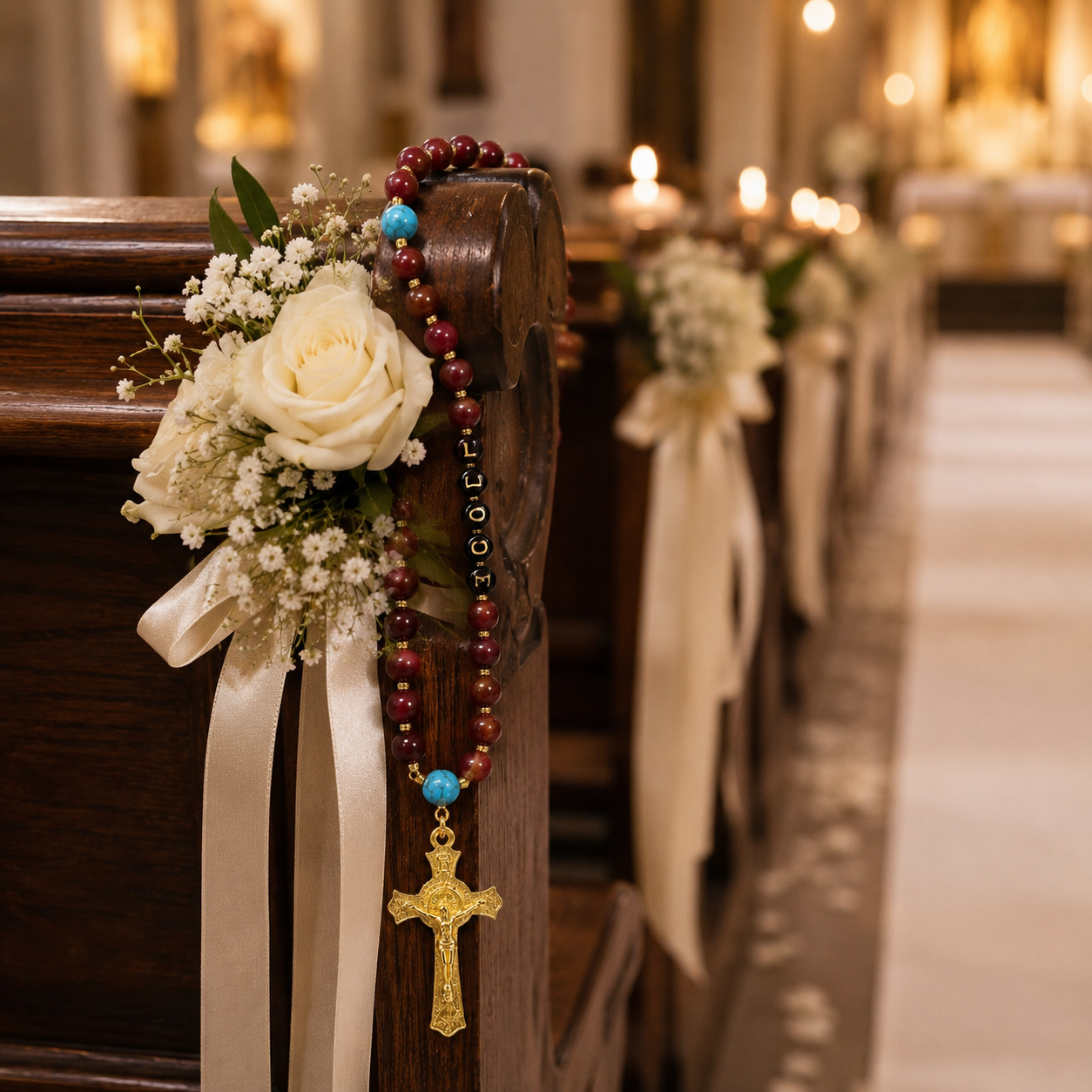 Red Wedding Rosary Beads for Bride, Catholic Bridal Bouquet Prayer Beads with Gold Crucifix, Love Rosary Wedding Gift