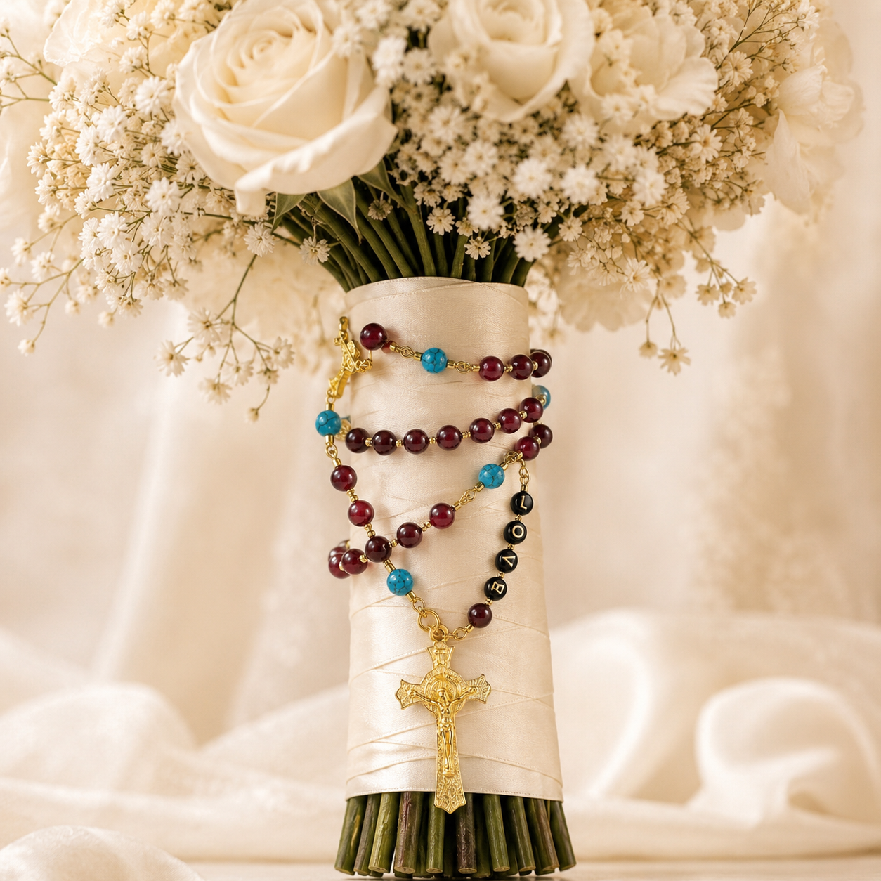 Red Wedding Rosary Beads for Bride, Catholic Bridal Bouquet Prayer Beads with Gold Crucifix, Love Rosary Wedding Gift