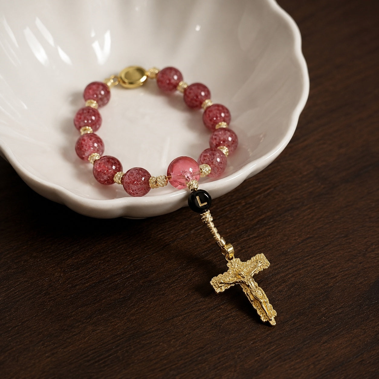 Red Catholic Car Rosary, Steering Wheel Rosary, Personalized Initial Car Charm, Gold Crucifix, Driver Gift