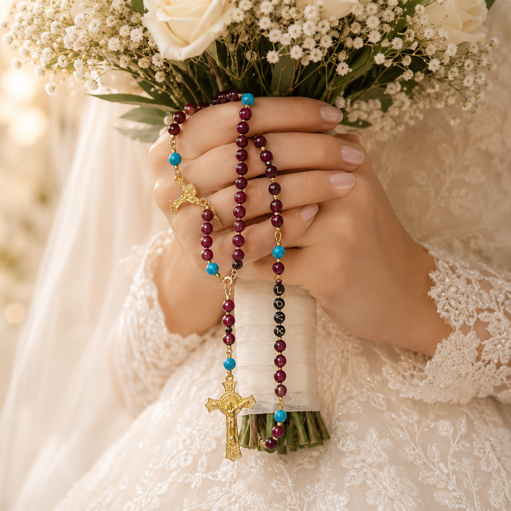 Catholic bridal bouquet rosary with deep red beads, gold-tone crucifix, and turquoise accents styled for a church wedding