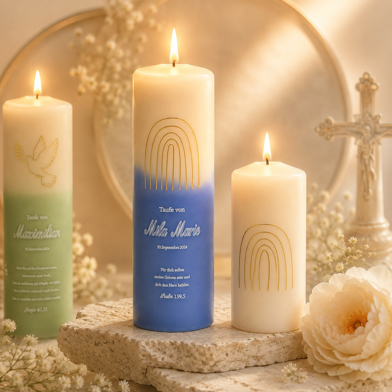 Blue personalized baptism candle with gold rainbow design, custom name Mila Marie, baptism date, and Psalm verse for a meaningful christening gift