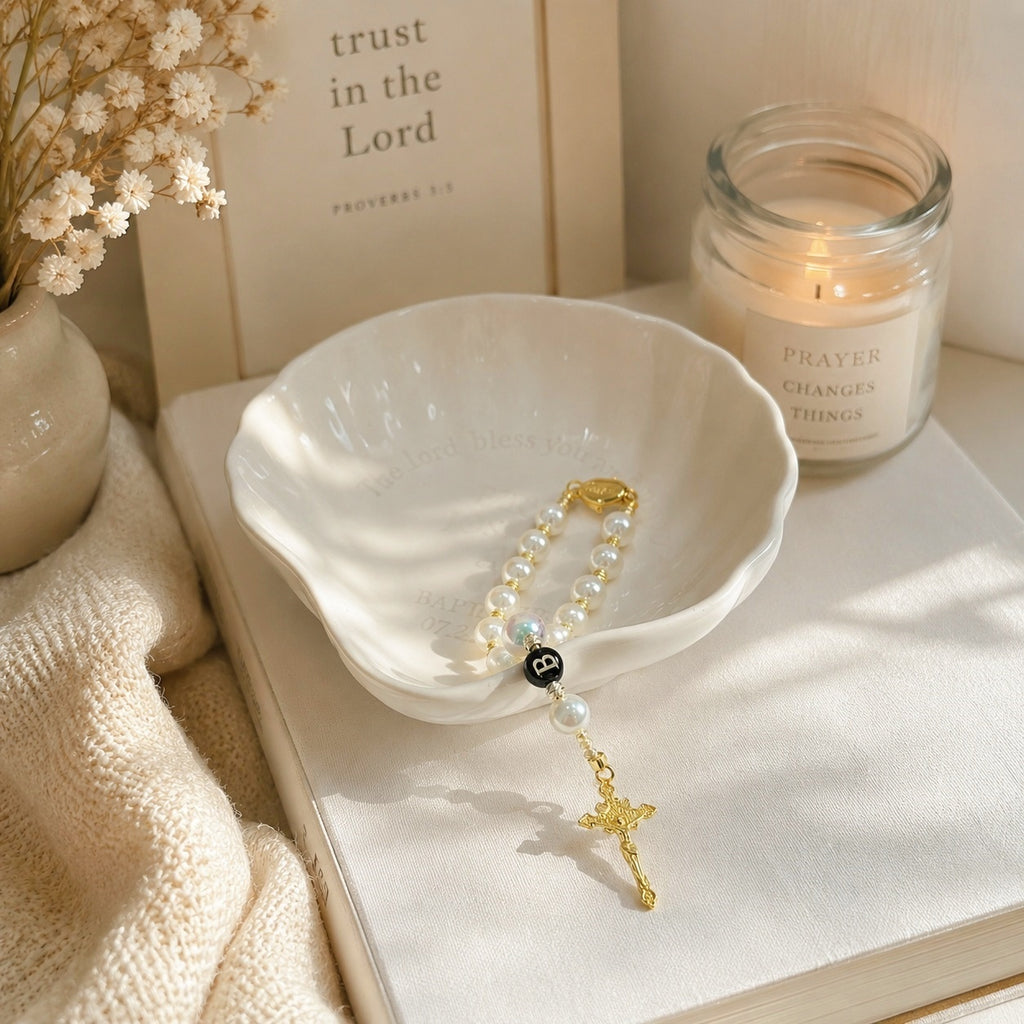 Catholic Car Rosary, Steering Wheel Rosary, Pearl Car Prayer Beads, Gold Crucifix Car Charm, Driver Gift