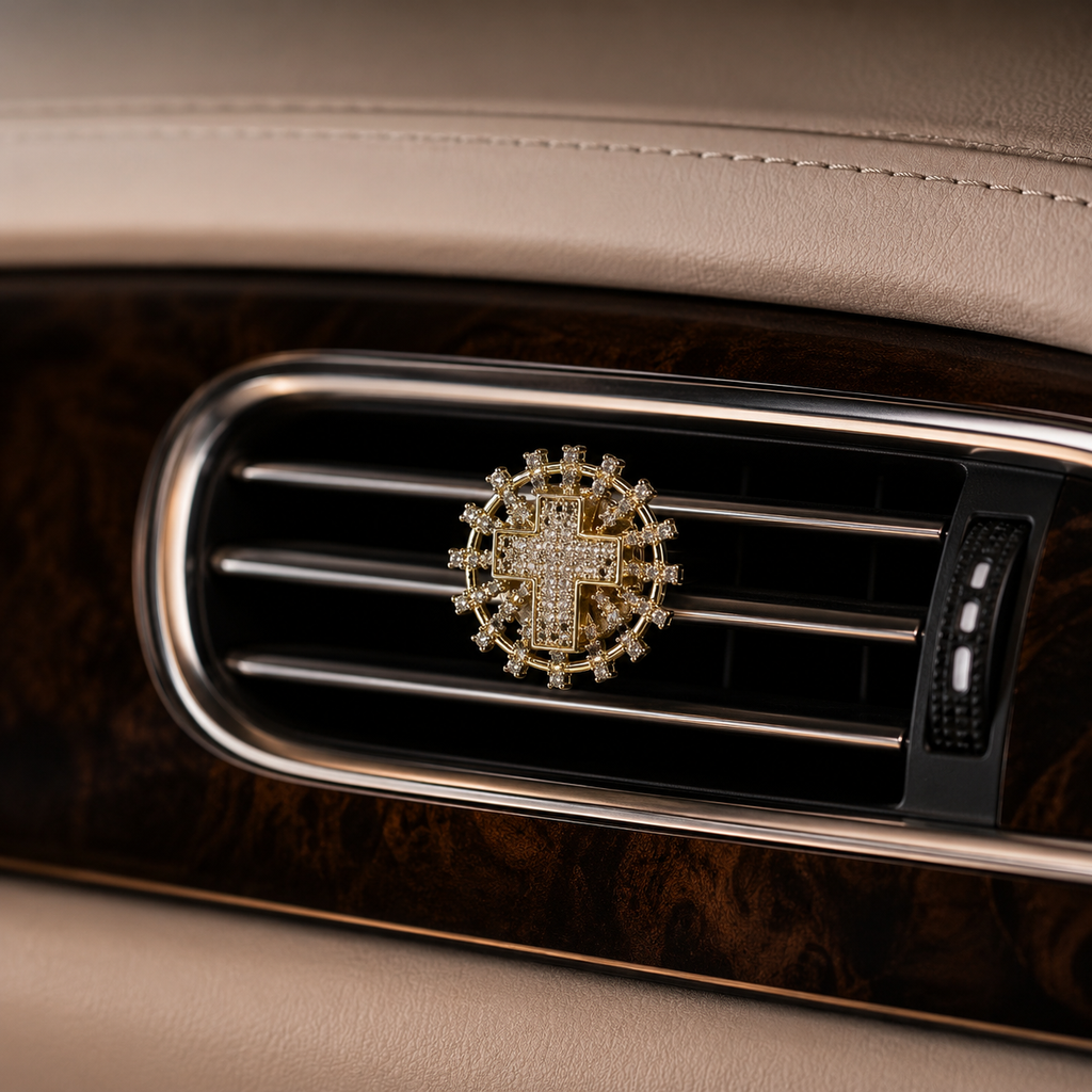 Catholic cross car air vent clip with crystal religious charm design, elegant Christian faith accessory for vehicle interior