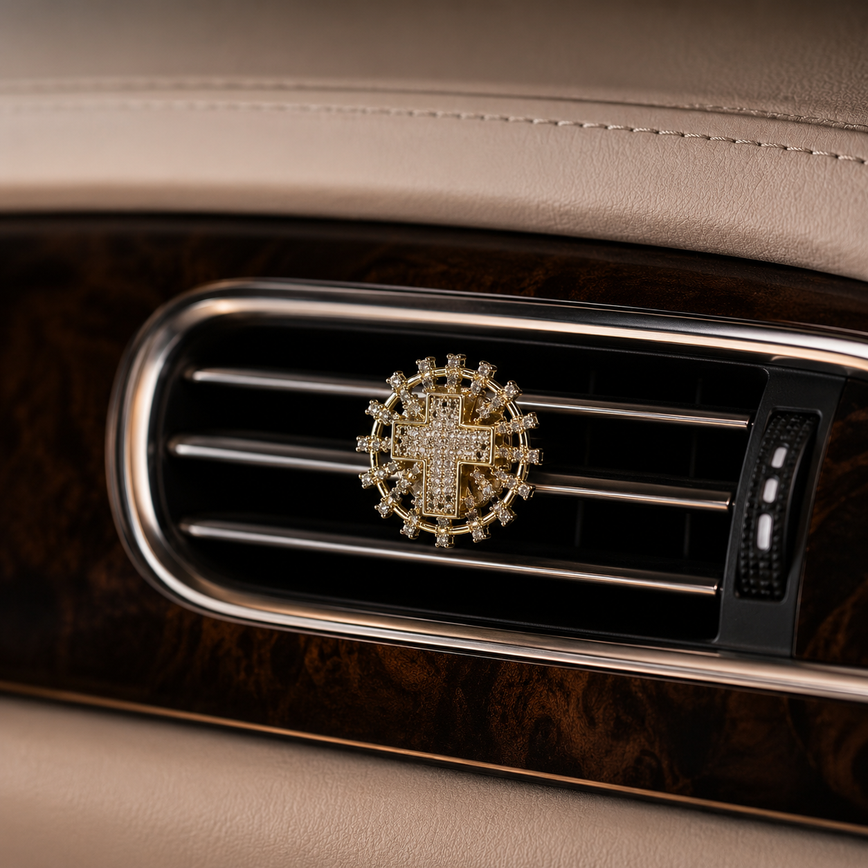 Catholic cross car air vent clip with crystal religious charm design, elegant Christian faith accessory for vehicle interior