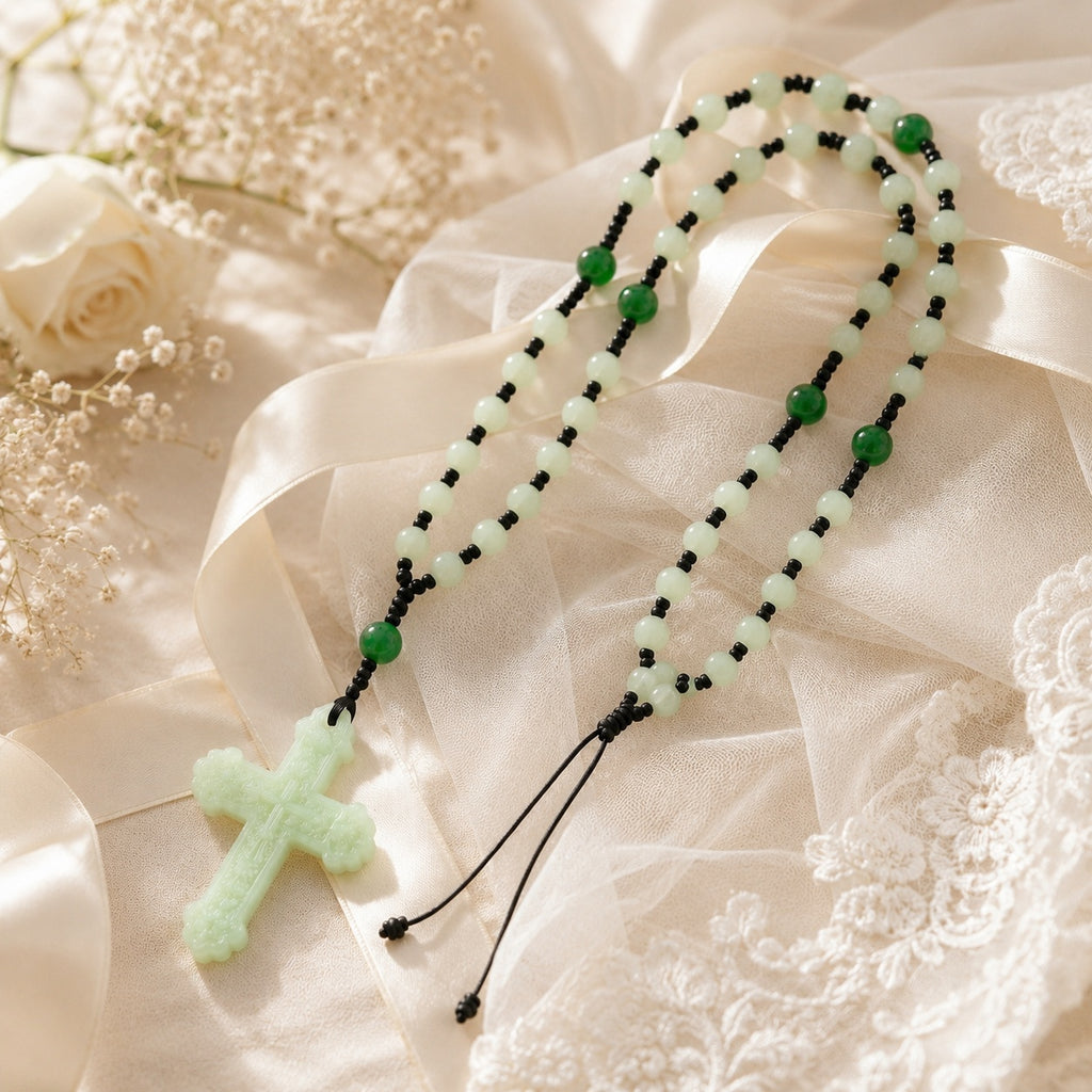 Catholic Wedding Rosary Sage Green Jade Rosary Bridal Bouquet Prayer Beads Wedding Keepsake Gift for Bride Religious Ceremony