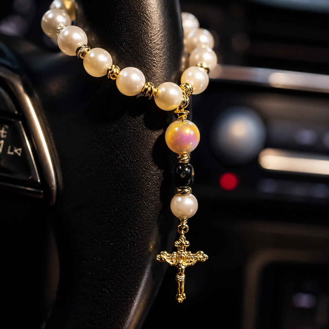 Catholic steering wheel rosary with pearl-style beads and gold crucifix, designed as a meaningful faith accessory for drivers