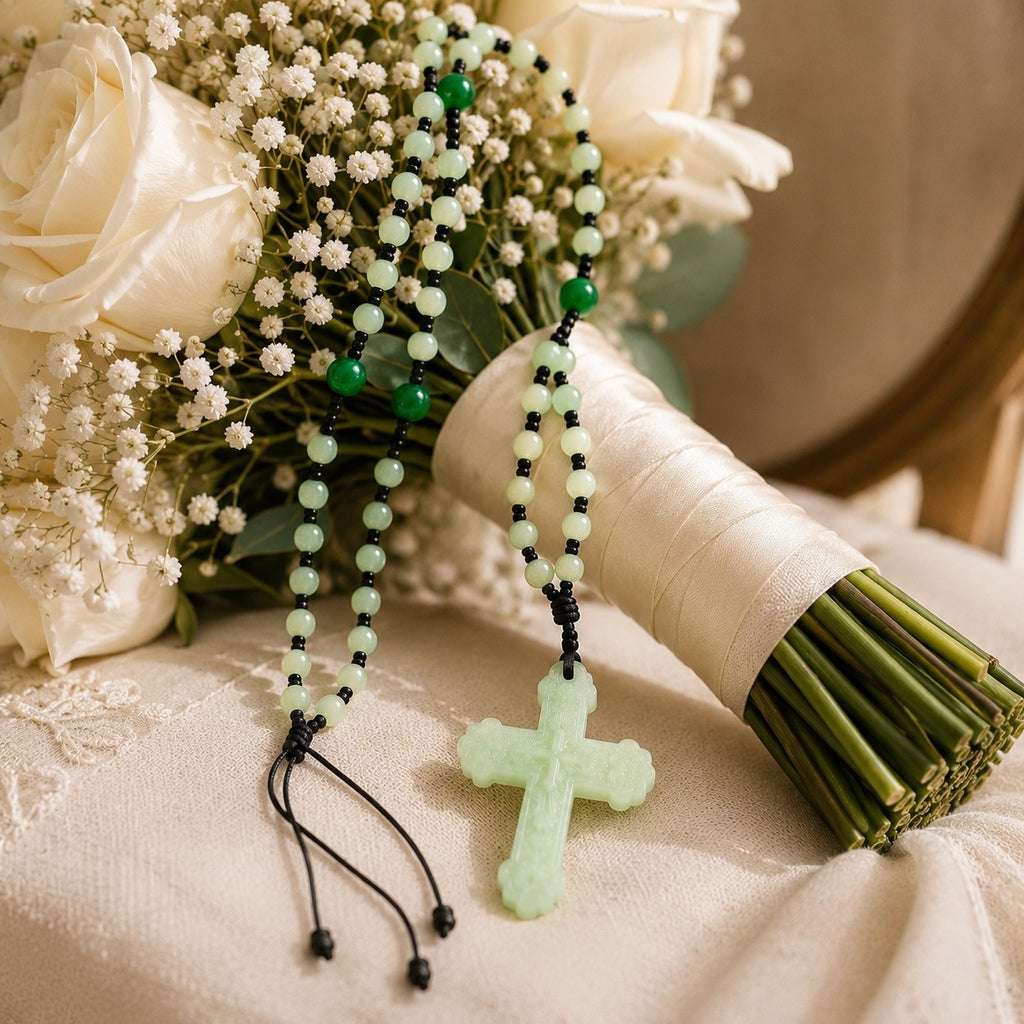 Catholic Wedding Rosary Sage Green Jade Rosary Bridal Bouquet Prayer Beads Wedding Keepsake Gift for Bride Religious Ceremony