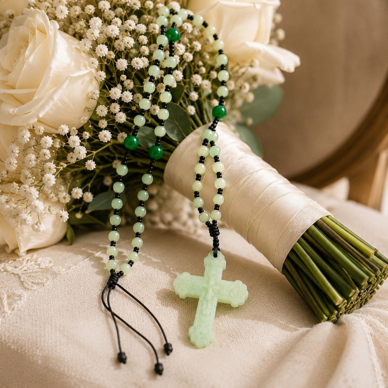 Catholic Wedding Rosary Sage Green Jade Rosary Bridal Bouquet Prayer Beads Wedding Keepsake Gift for Bride Religious Ceremony