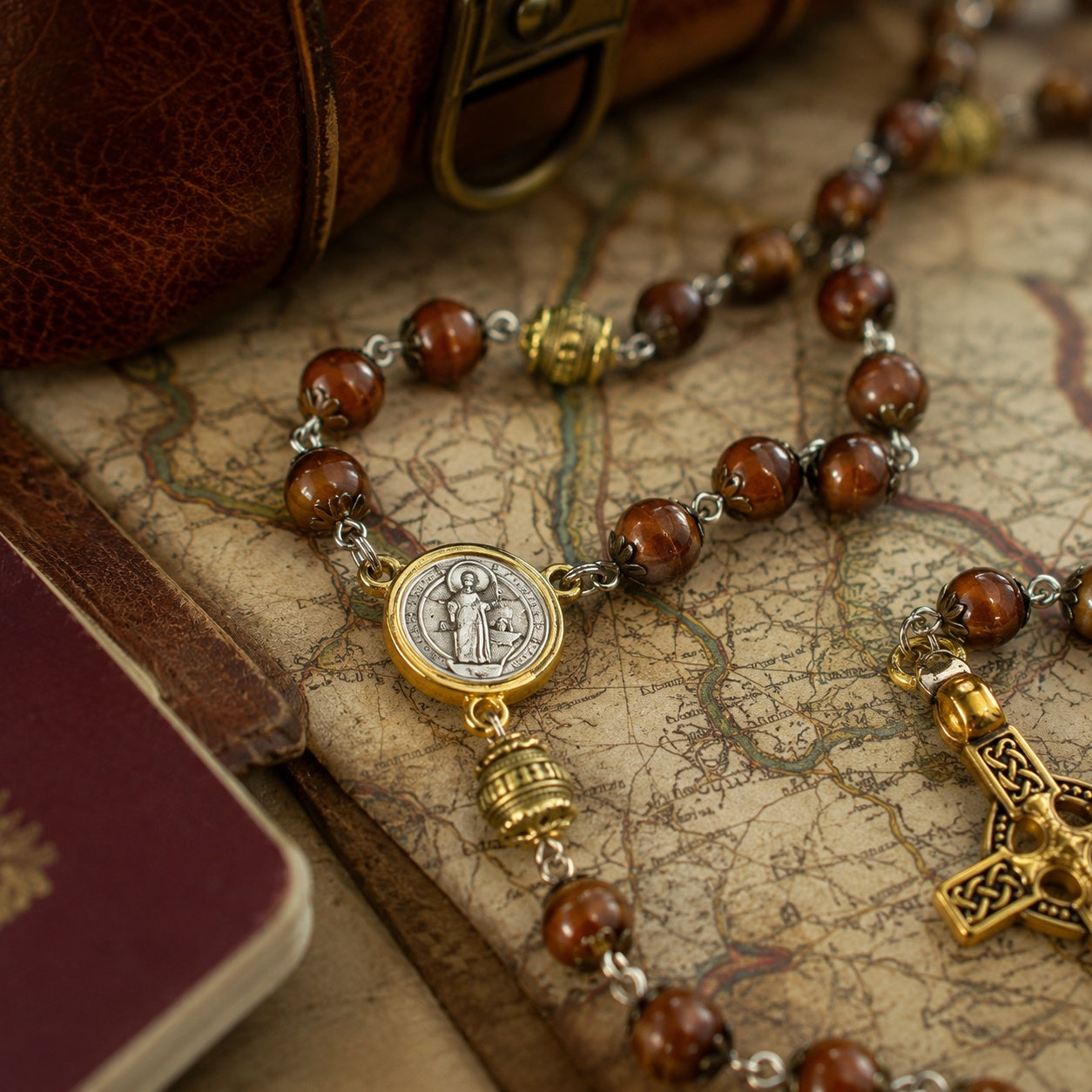 Natural Stone Catholic Rosary for Men, Handmade Prayer Beads with Celtic Cross, Traditional Christian Gift for Him