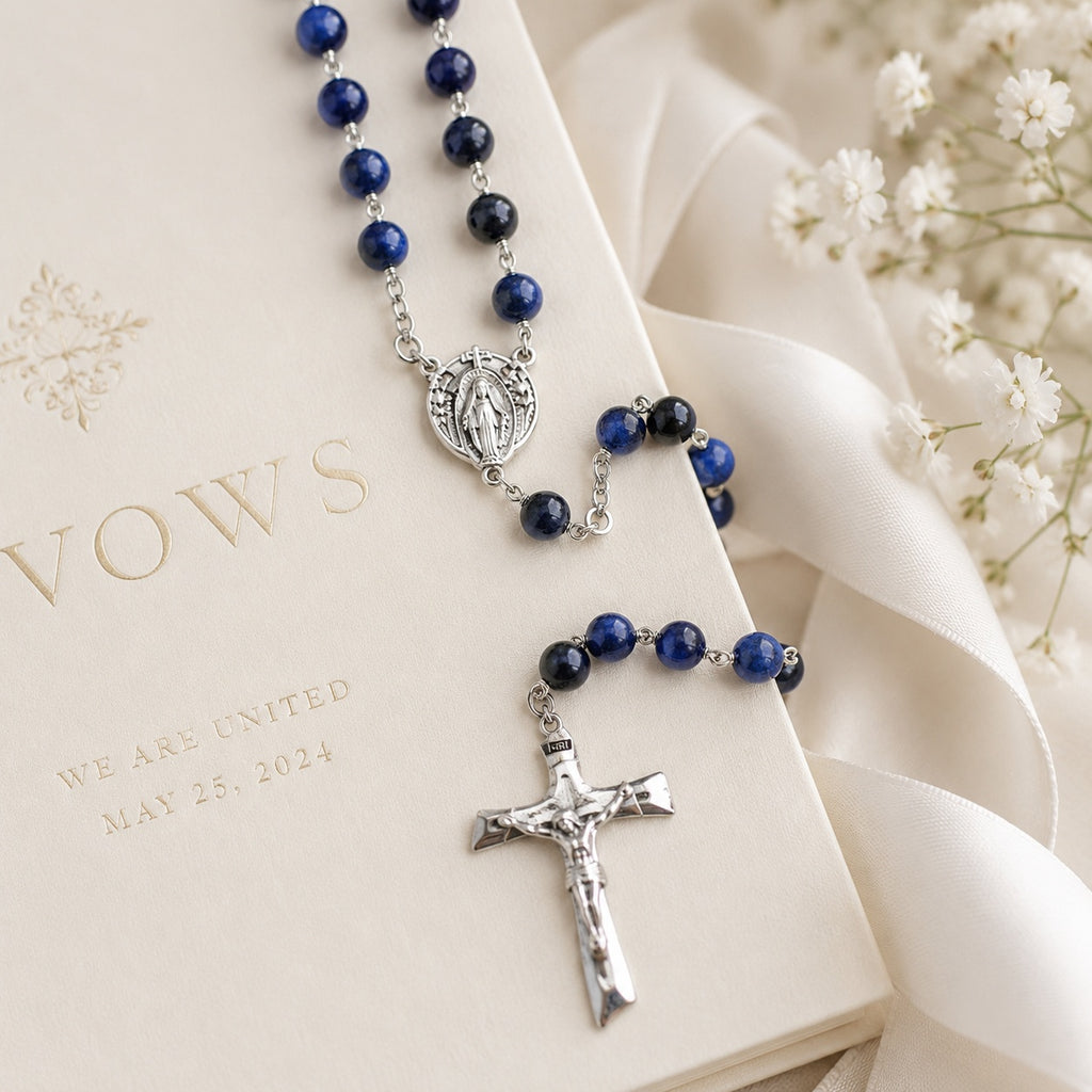 Something Blue Catholic Wedding Rosary, Blue Bridal Rosary, Groom Prayer Beads, Silver Crucifix, Marriage Keepsake