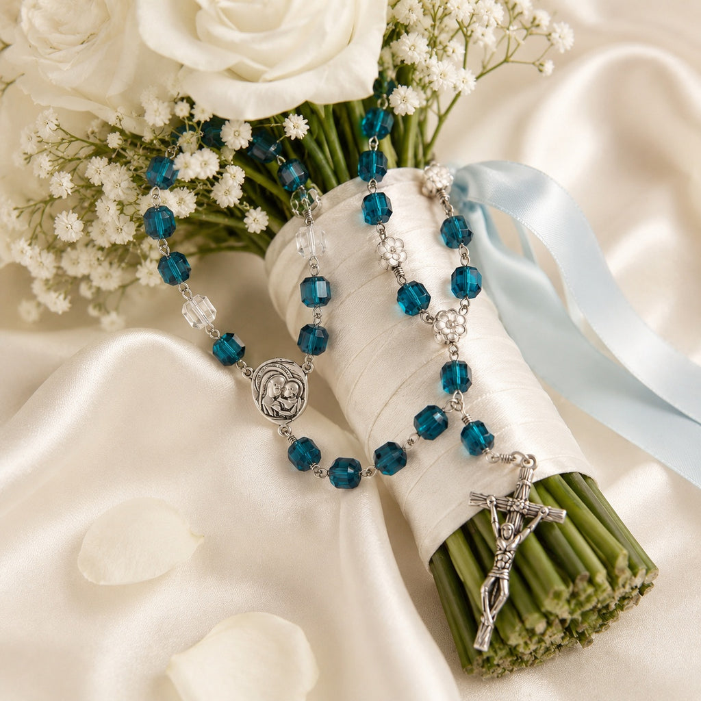 Blue Wedding Rosary Beads for Bride, Catholic Bridal Bouquet Prayer Beads with Silver Crucifix, Something Blue Wedding Gift