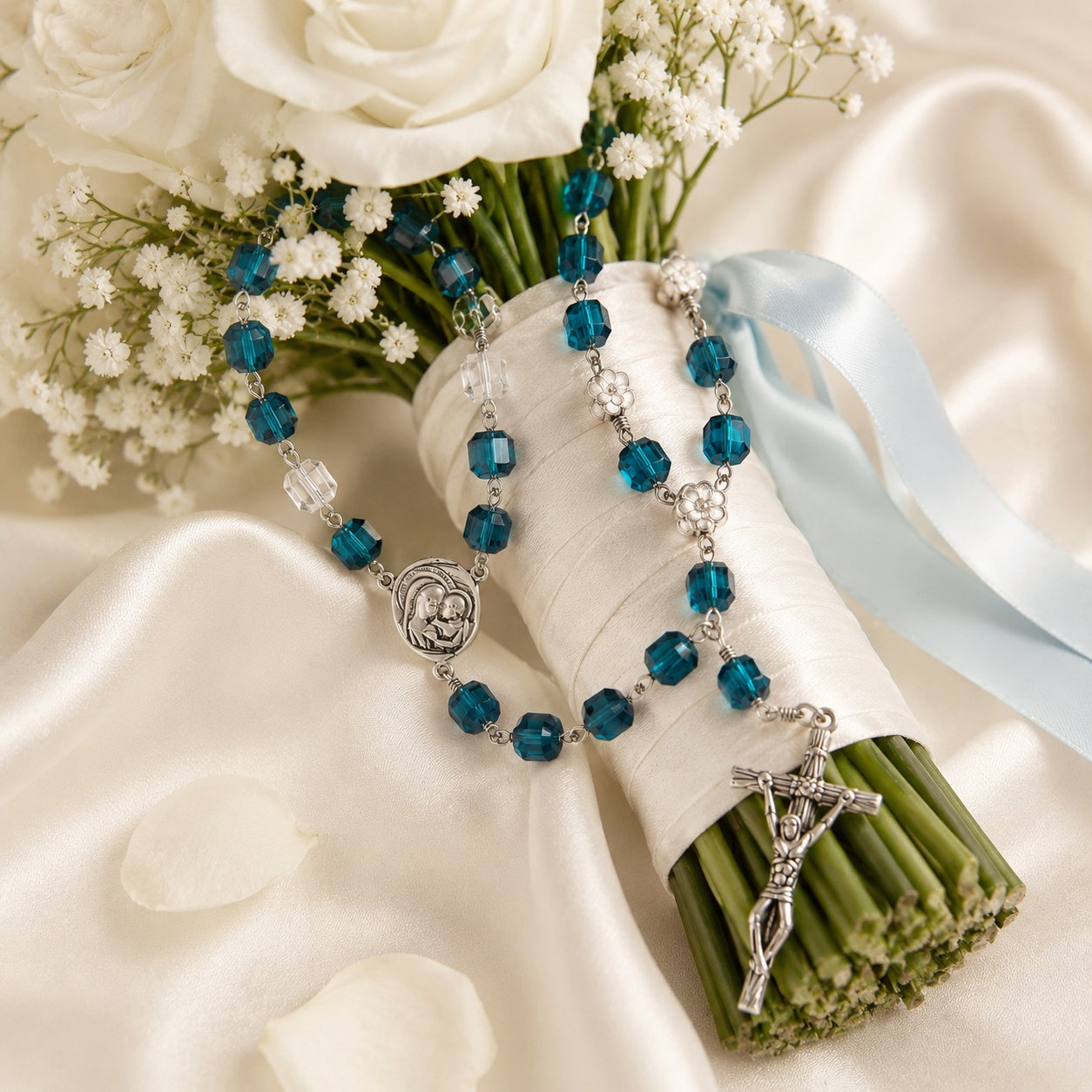 Blue Wedding Rosary Beads for Bride, Catholic Bridal Bouquet Prayer Beads with Silver Crucifix, Something Blue Wedding Gift