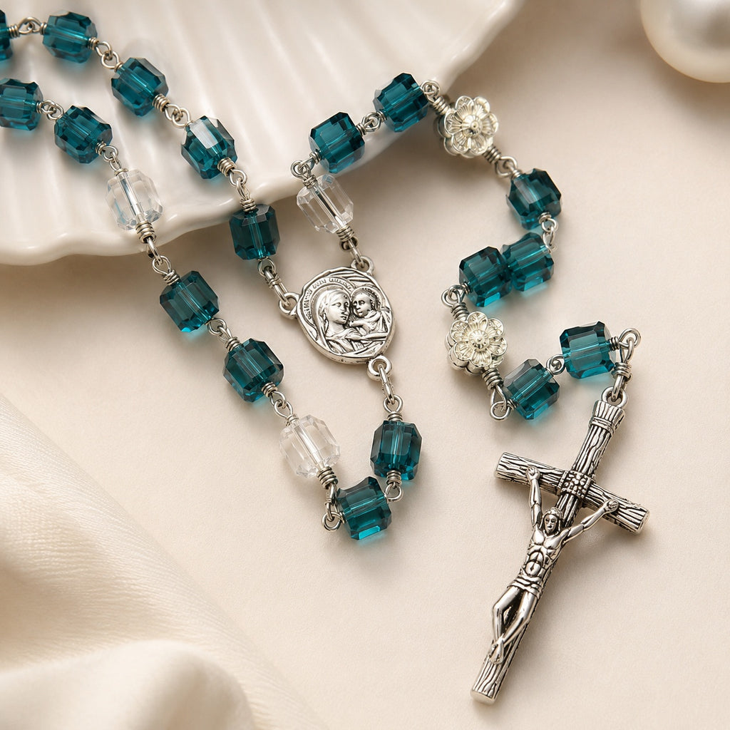 Blue Catholic Rosary Beads with Virgin Mary Medal, Handmade Crystal Prayer Beads, Baptism First Communion Confirmation Gift