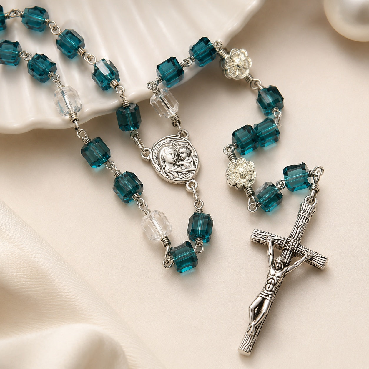 Blue Catholic Rosary Beads with Virgin Mary Medal, Handmade Crystal Prayer Beads, Baptism First Communion Confirmation Gift
