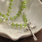 Green Catholic Rosary Beads with Silver Crucifix, Handmade Crystal Prayer Beads, Baptism First Communion Confirmation Gift for Her