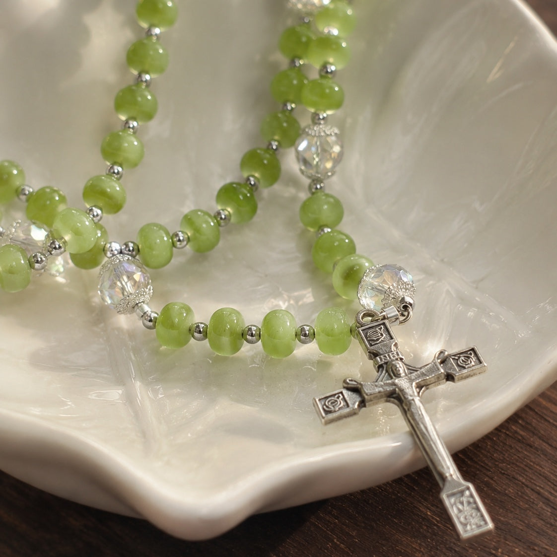 Green Catholic Rosary Beads with Silver Crucifix, Handmade Crystal Prayer Beads, Baptism First Communion Confirmation Gift for Her