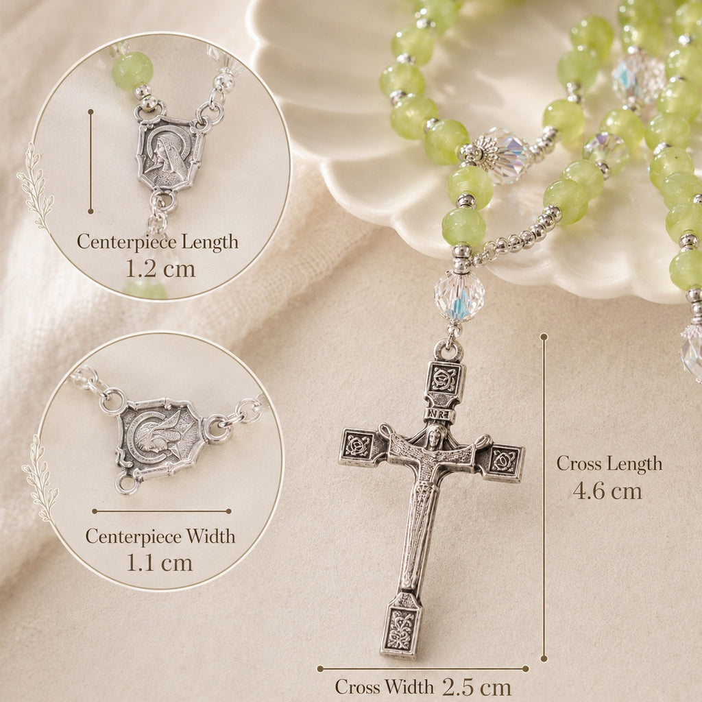 Green Catholic Rosary Beads with Silver Crucifix, Handmade Crystal Prayer Beads, Baptism First Communion Confirmation Gift for Her