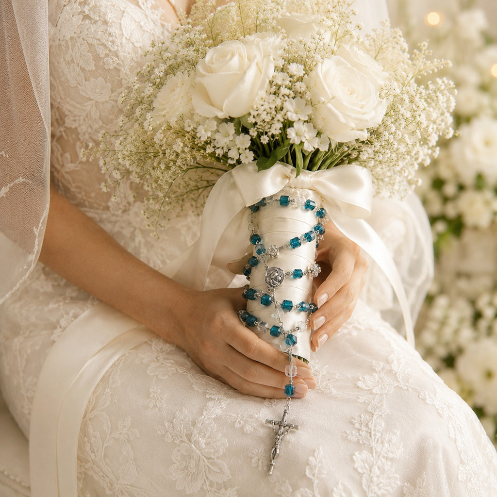Blue Wedding Rosary Beads for Bride, Catholic Bridal Bouquet Prayer Beads with Silver Crucifix, Something Blue Wedding Gift