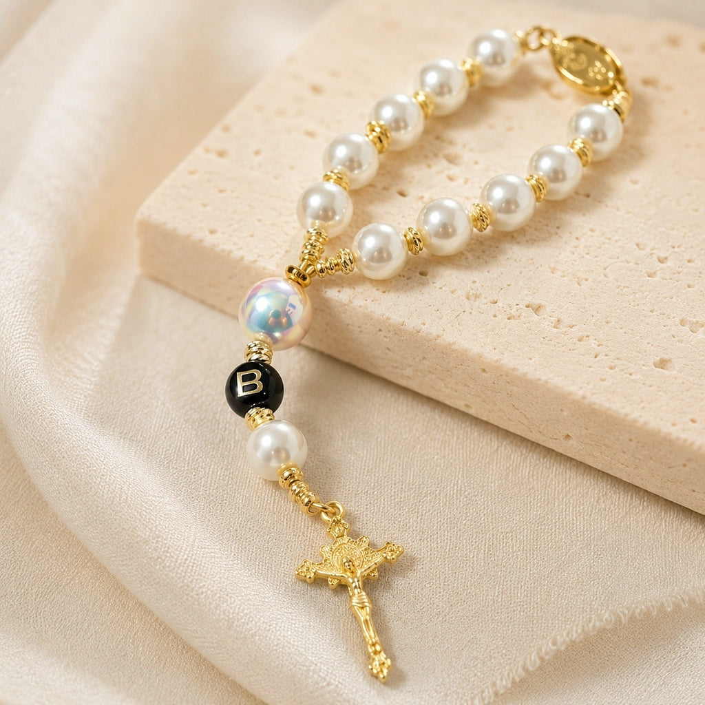 Catholic Car Rosary, Steering Wheel Rosary, Pearl Car Prayer Beads, Gold Crucifix Car Charm, Driver Gift