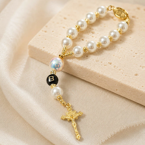 Catholic Car Rosary, Steering Wheel Rosary, Pearl Car Prayer Beads, Gold Crucifix Car Charm, Driver Gift