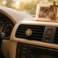 Crystal cross car air vent clip installed on vehicle air vent, meaningful Catholic religious accessory for daily driving