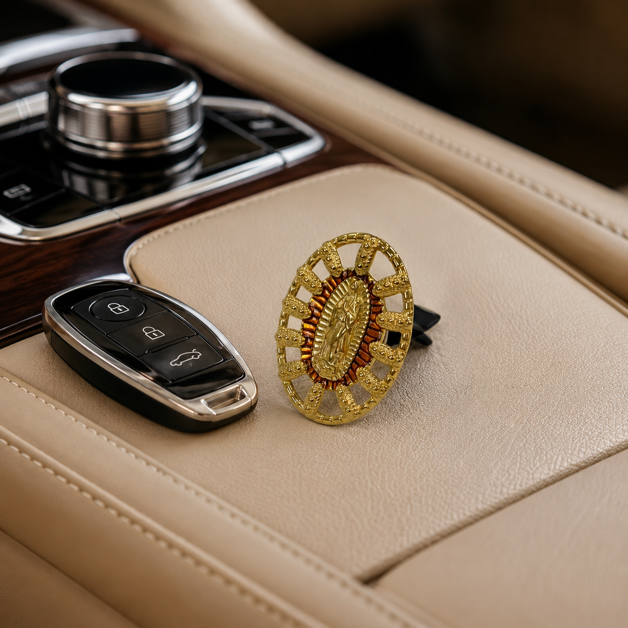 Catholic Virgin Mary car air vent clip installed on vehicle interior, religious car charm symbolizing faith and protection